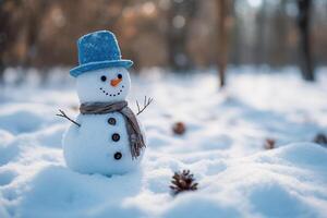 ai généré hiver bonhomme de neige avec une chapeau permanent sur neige dans le forêt photo