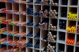 vitrine avec coloré des crayons pour dessin dans le boutique pour artistes ou papeterie photo