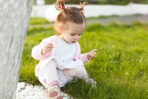 peu frisé fille avec deux queues séance sur une pelouse près une arbre photo