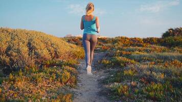 coureur femme fonctionnement dans le ensoleillé chemin route près océan. sportive Matin le jogging entraînement. en bonne santé mode de vie. conscient courir photo