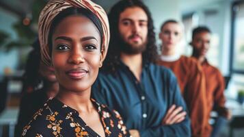 ai généré gens de différent les courses travail ensemble dans le bureau. diversité, l'inclusivité. visages dans fermer, de côté dans le Contexte. photo