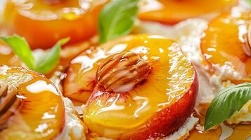 ai généré frit les pêches avec mon chéri et mascarpone dans une magnifique plat. Frais des fruits dans une plat. fruit dessert dans fermer avec bokeh dans le arrière-plan, délicieux aliments. photo