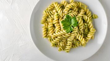 ai généré italien Pâtes avec capucine feuille Pesto. italien cuisine, nourriture sur une plaque, Pesto, Pâtes, Haut voir, une endroit à copie. photo