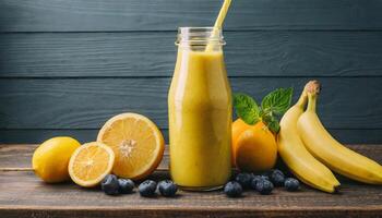 ai généré Jaune smoothie dans verre bouteille avec papier paille sur en bois tableau. savoureux et en bonne santé fruit boire. photo