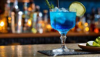 ai généré verre de bleu boisson dans bar sur en bois tableau. alcoolique boire. photo