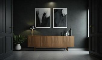 ai généré foncé pièce avec gris mur appartement intérieur avec scandinave style en bois meubles et designer buffet décorations photo