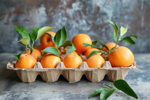 ai généré papier carton Oeuf plateau avec mandarines. Créatif Nouveau ans encore la vie photo