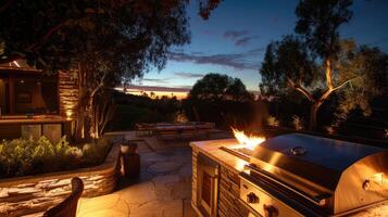 ai généré un Extérieur barbecue gril comme flammes Danse autour succulent viandes et légumes, évoquant le l'eau à la bouche arôme de grillé gourmandises dans le ouvert air. photo