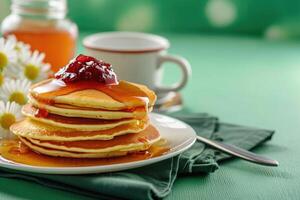 ai généré délicieux sucré Crêpes avec confiture sur vert nappe de table photo