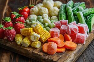 ai généré congelé des légumes sur en bois planche photo