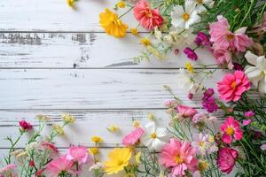 ai généré de fête fleur composition sur blanc en bois Contexte aérien vue photo