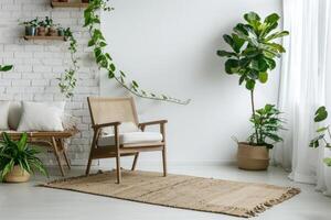 ai généré fauteuil sur couverture suivant à banc avec les plantes dans blanc grenier intérieur avec en bois canapé. réel photo