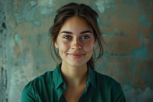 ai généré fermer portrait de attrayant Jeune femme d'affaires portant vert chemise souriant. photo