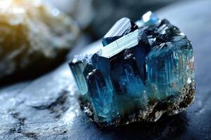 ai généré bleu tourmaline indicolite gemme sur gris Contexte photo