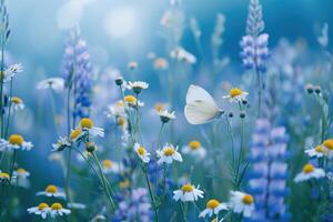 ai généré magnifique sauvage fleurs et papillon dans la nature. photo