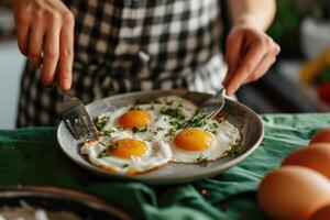 ai généré délicieux Anglais petit déjeuner avec frit des œufs dans ancien style. photo