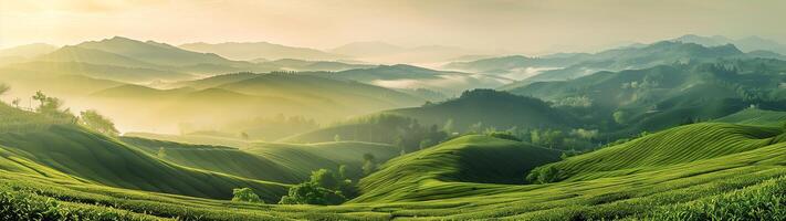 ai généré une panoramique vue de le luxuriant vert thé plantations paysage, bannière style photo