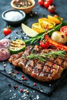 ai généré grillé steak garni avec Romarin sur foncé ardoise Contexte à dîner temps photo