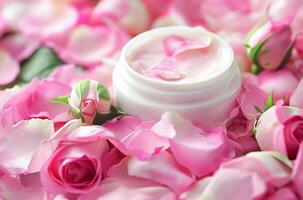 ai généré ouvert pot de luxueux parfumé à la rose crème entouré par Frais rose pétales photo
