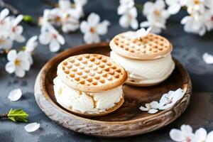 ai généré vanille la glace crème des sandwichs avec sucré biscuits sur une en bois assiette au milieu de épanouissement branches photo