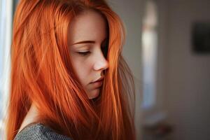 ai généré fermer portrait de une Jeune femme avec vibrant rouge cheveux et doux lumière du soleil photo