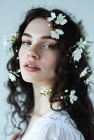 ai généré Jeune femme orné avec une délicat floral couronne posant dans doux Naturel lumière photo