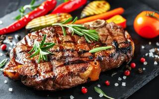 ai généré grillé steak garni avec Romarin sur foncé ardoise Contexte à dîner temps photo