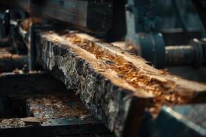 ai généré vue de une machine en fonctionnement une brut pièce de bois. photo