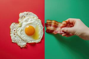ai généré ancien pop art la photographie de main dégustation Bacon et des œufs photo