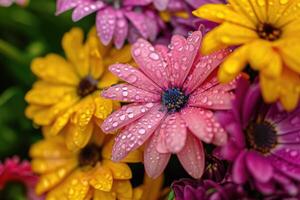 ai généré proche en haut de une bouquet de brillant coloré fleurs avec l'eau gouttelettes calgary alberta Canada photo