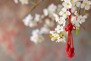 ai généré bulgare printemps tradition avec martenitsa et fleurs photo