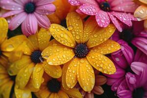 ai généré proche en haut de une bouquet de brillant coloré fleurs avec l'eau gouttelettes calgary alberta Canada photo