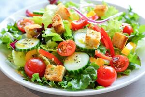 ai généré Frais jardin salade avec Croûtons servi sur une blanc assiette dans une décontractée à manger réglage photo