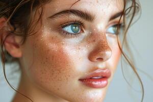 ai généré fermer portrait de une Jeune femme avec frappant bleu yeux et taches de rousseur photo