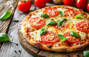 ai généré délicieux fait maison margherita Pizza surmonté avec Frais basilic et tomates sur une en bois table photo