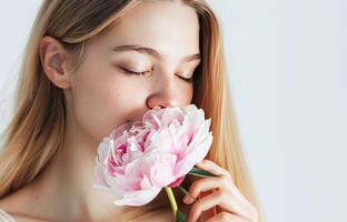 ai généré blond femme en portant une rose pivoine proche à sa visage dans une brillant pièce photo