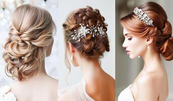 ai généré élégant de mariée updo coiffure avec floral cheveux accessoires dans une élégant salon réglage photo