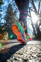 ai généré de bonne heure Matin faire du jogging dans vibrant fonctionnement des chaussures par ensoleillé parc photo