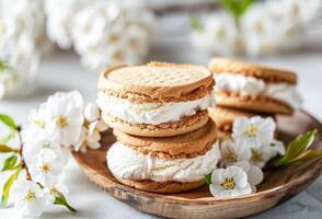 ai généré vanille la glace crème des sandwichs avec sucré biscuits sur une en bois assiette au milieu de épanouissement branches photo