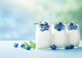 ai généré Frais myrtille yaourt servi dans verre pots sur une rustique pierre table photo