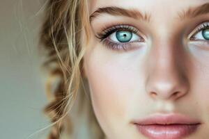 ai généré fermer portrait de une Jeune femme avec frisé cheveux et frappant yeux photo