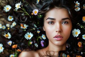 ai généré Jeune femme orné avec une délicat floral couronne posant dans doux Naturel lumière photo