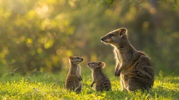 ai généré quokka famille profiter le coucher du soleil photo