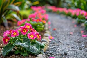 ai généré rose primevères bordure jardin passerelle photo