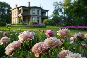 ai généré élégant pivoines dans historique biens jardin photo