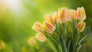 ai généré flou la nature vert Contexte compléments Jaune tulipes bouquet photo