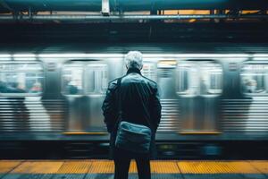 ai généré Sénior passager avec portable sac permanent dans de face de excès de vitesse train sur métro Plate-forme photo