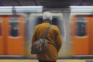 ai généré Sénior passager avec portable sac permanent dans de face de excès de vitesse train sur métro Plate-forme photo