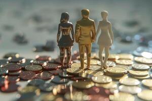 ai généré le revenu inégalité concept montré avec réaliste Masculin et femelle figurines et piles de pièces de monnaie photo