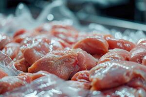 ai généré cultivé poulet Viande artificiel, brut, congelé, étiqueté. photo